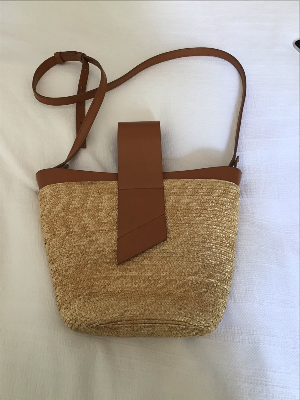 Leather-Trim Straw Bucket Crossbody Bag in Tan - Picture 6 of 11
